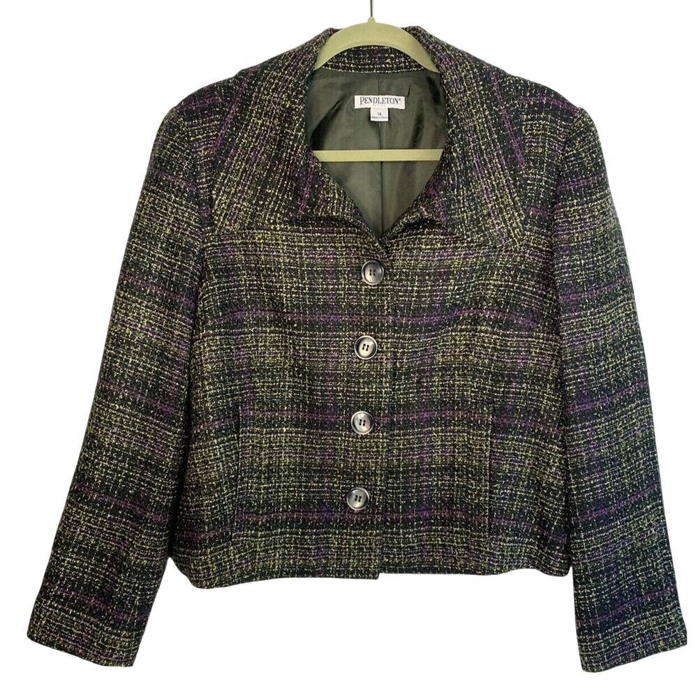 PENDLETON Plaid Blazer Women 14 Petite Black Green Tweed Jacket Vintage EUC